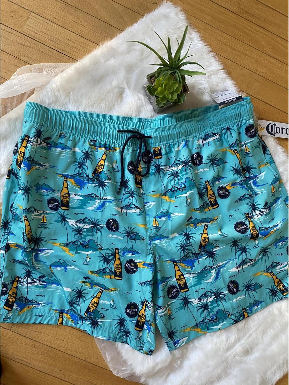 Corona Men’s Turquoise Tropical Board Shorts Swim Trunks Mesh Lined Size 3XL
